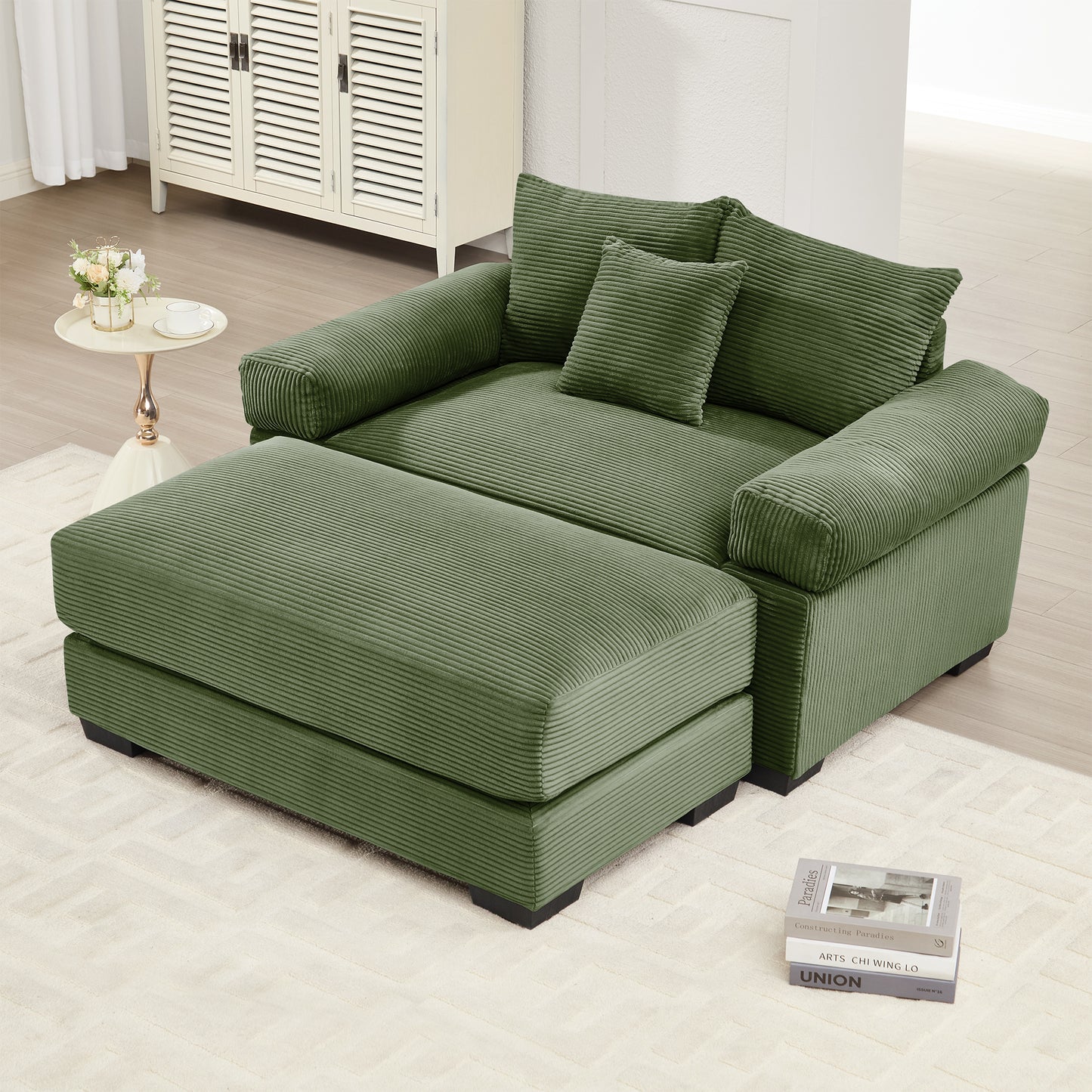 54.3" Oversized Cloud Modular Sectional Couch, Corduroy Fabric Extra-Thick Armrests, Throw Pillows Ottoman, Ergonomic Design,Easy Assembly Fits Living Rooms Bedrooms,Green image 2