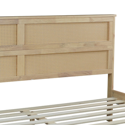 King Size Solid Wood Bed with Rattan Headboard, Rubber Wood Bed with Central Support Beams and Enhanced Feet,Natural image 3