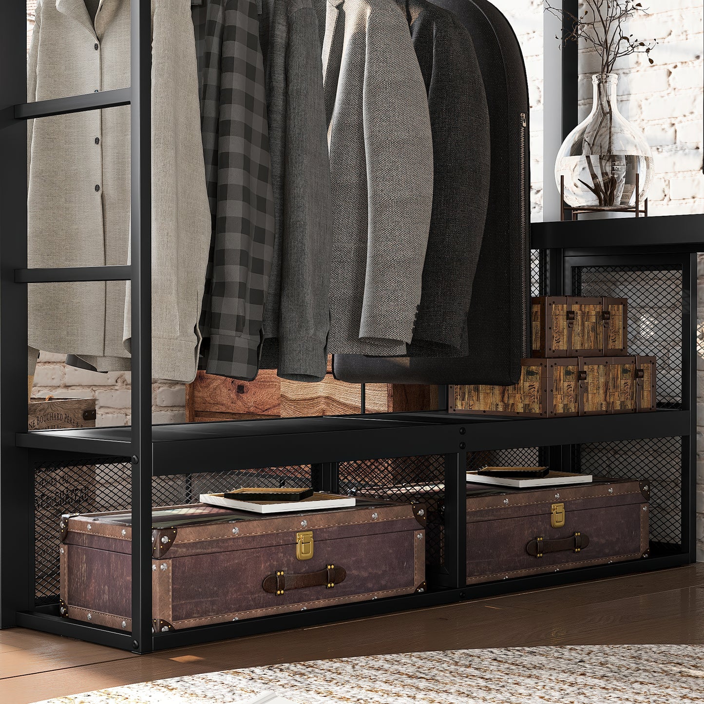 Queen Size Loft Bed with Storage Shelves, Metal Loft Bed with Clothes Hanging Rod and Desk, No Box Spring Needed Design, Black image 5
