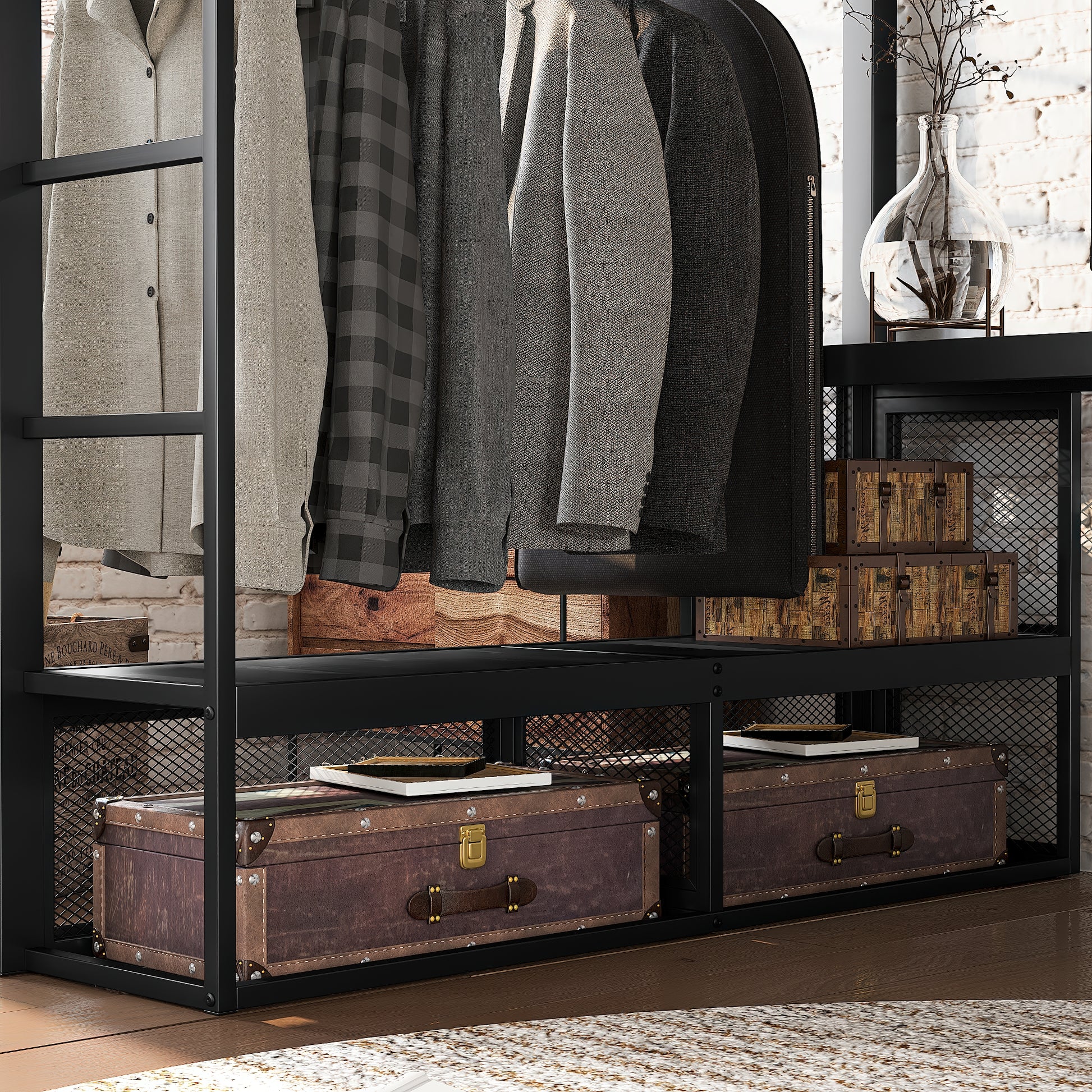 Queen Size Loft Bed with Storage Shelves, Metal Loft Bed with Clothes Hanging Rod and Desk, No Box Spring Needed Design, Black image 5
