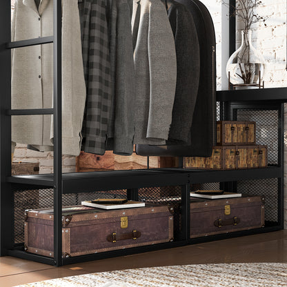 Queen Size Loft Bed with Storage Shelves, Metal Loft Bed with Clothes Hanging Rod and Desk, No Box Spring Needed Design, Black image 5