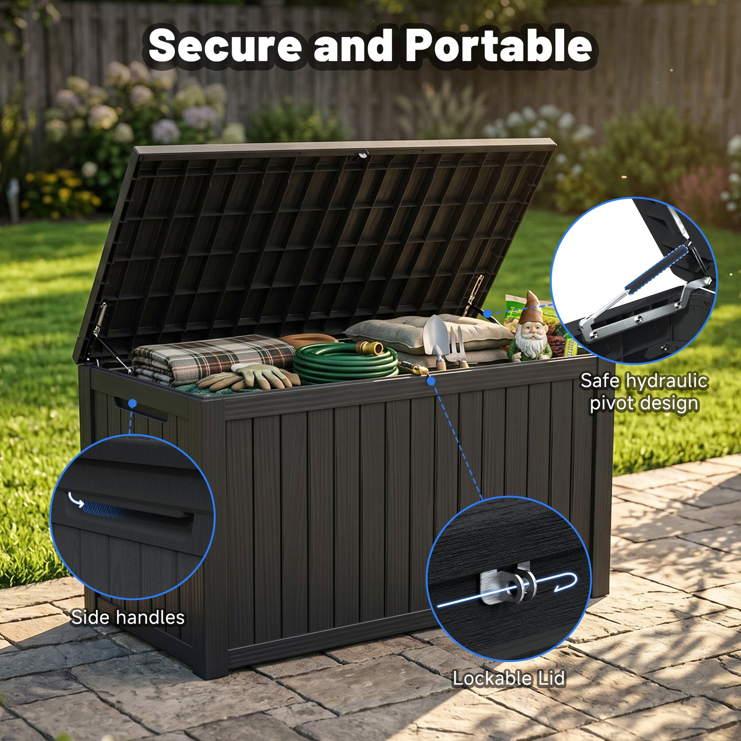 180 Gallon Large Outdoor Storage XXL Deck Box for Patio Furniture, Outdoor Cushions, Garden Tools and Sports/Pools Equipment, Waterproof Resin, Lockable, Black image 3