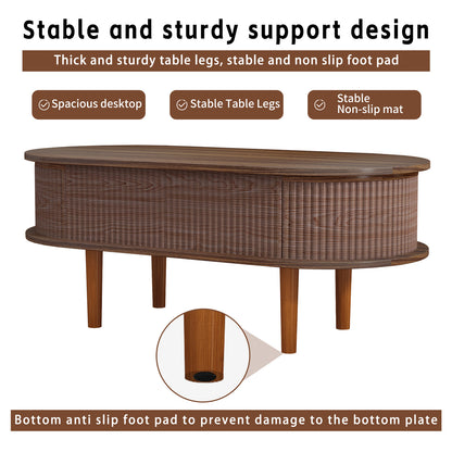 Fluted Lift Top Coffee Table with Hidden Compartment, Wooden Center Table, Modern Oval Lift Tabletop for Home Living Room Office, Walnut Color image 7