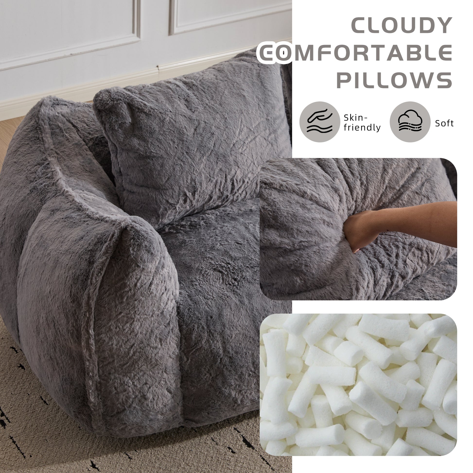 Giant Bean Bag Couch for Adults, Ultra Soft Fluffy Loveseat Bean Bag Sofa, Oversized Chase Lounge Chair Indoor for Living Room Bedroom, No Assembly Required Cozy Reading Chair with Pillows, Grey image 4