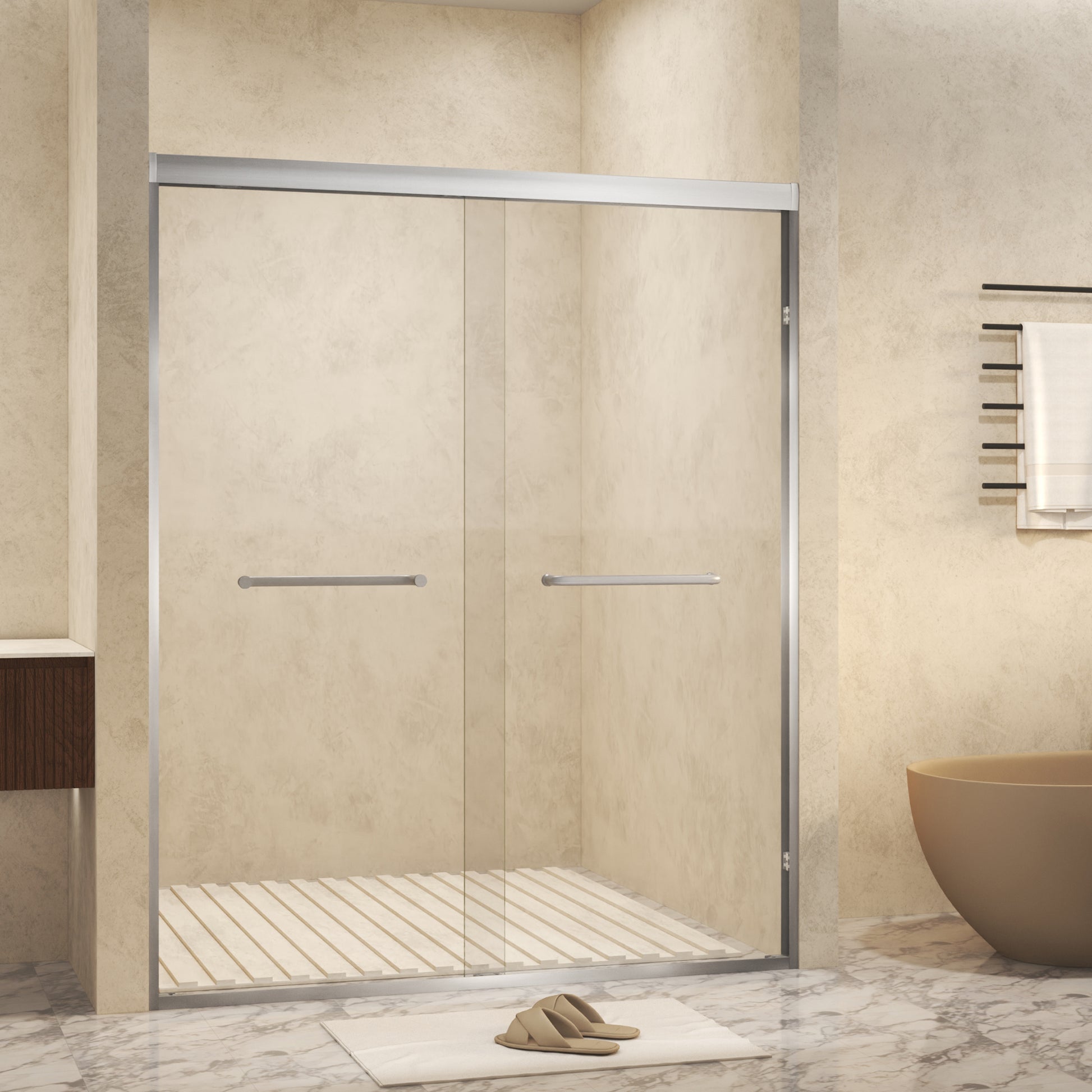 44-48" x 72" Tempered Glass with Explosion Proof Film, Aluminum Frame Double Sliding Shower Door, "1/4 (6 mm), Stainless Steel handle,Brushed Nickel image 2