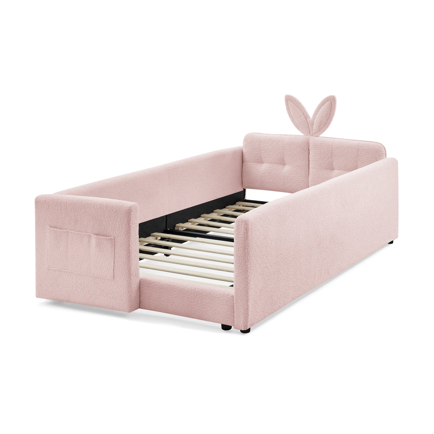 Twin Size Upholstered Platform Bed with Cute Rabbit Ear Shaped Headboard, with Safety Rail and Pocket, Boucle Fabric, Pink image 4