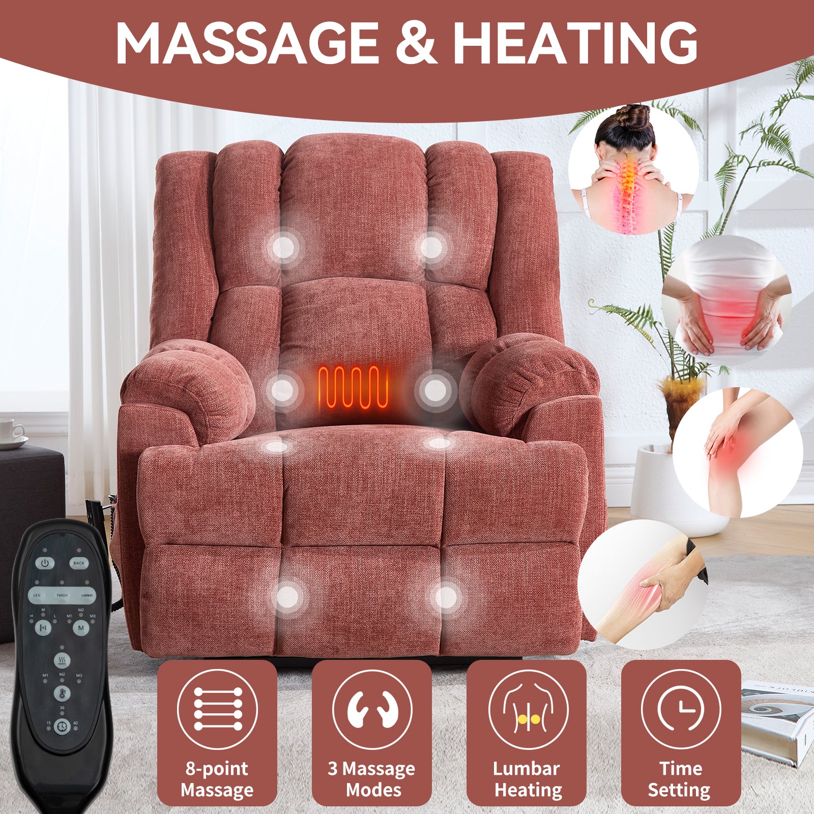 Dual Motor Heat Massage Infinite Position Up to 350 LBS Electric Power Lift Recliners with Power-Remote, Medium-firm and Heavy Duty, Red image 8
