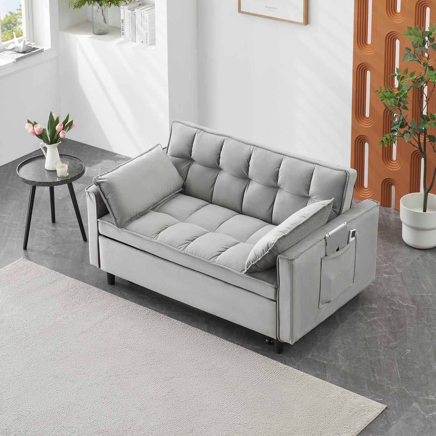 Modern Velvet Loveseat Futon Sofa Couch Pullout Bed, Small Love Seat Lounge Sofa w/Reclining Backrest, Toss Pillows, Pockets, Furniture for Living Room,3 in 1 Convertible Sleeper Sofa Bed, Gra image 1