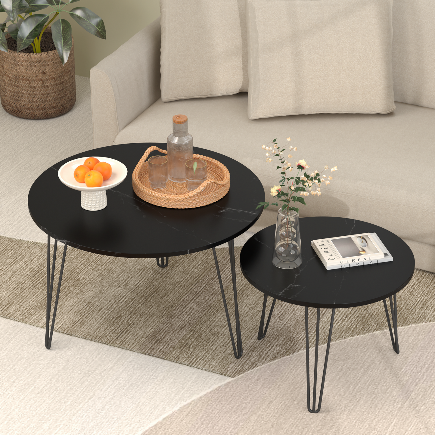27.56'' Round Nesting Coffee Table Set of 2, Circular Nesting End Table Set, Round Marble Tabletop, and Sturdy Metal Base for Living Room, bedroom, Black image 1