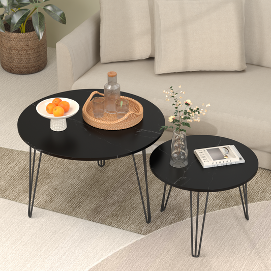 27.56'' Round Nesting Coffee Table Set of 2, Circular Nesting End Table Set, Round Marble Tabletop, and Sturdy Metal Base for Living Room, bedroom, Black image 1