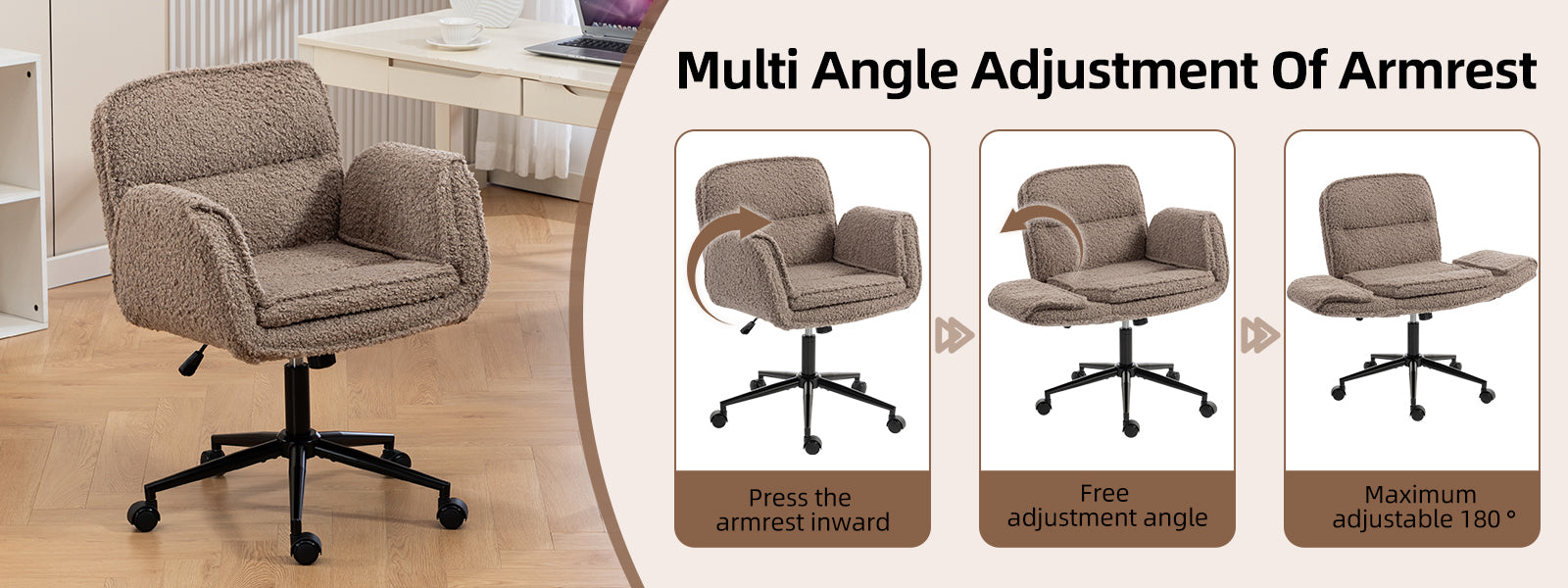 Criss Cross Chair with 5-Gear Adjustable Armrests & Wheels, Ergonomic Thickened Backrest Swivel Desk Chair for Home Office, Vanity, Bedroom and Living Room,brown Teddy fleece image 12