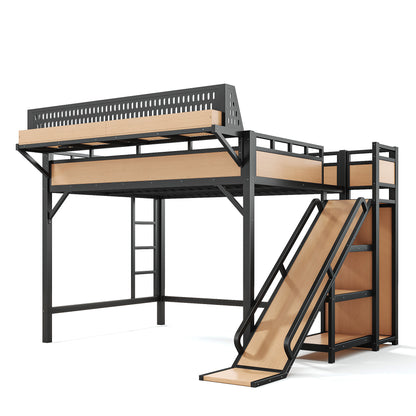 Queen Size Loft Bed with Slide, Storage Shelves and Built-in Wardrobe, Metal Loft Bed Frame with USB Ports and LED Lights, with Pegboard, Safety and Solid, Natural image 10