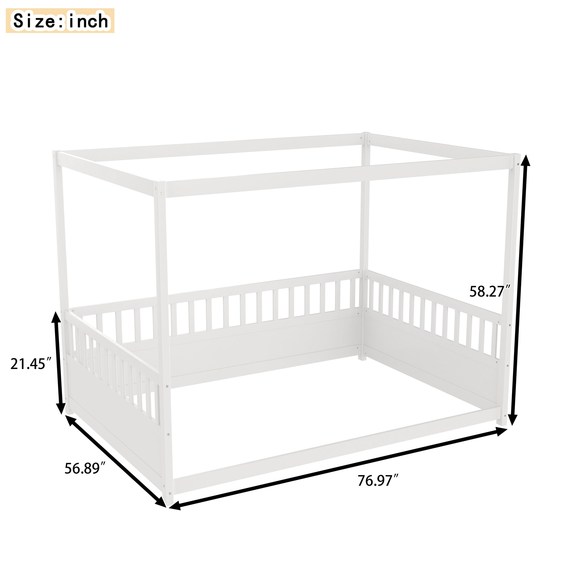 Full Size Canopy Bed Frame with Guardrails for Kids,Floor Bed Full with Four Poster Design,Kids Montessori Floor Bed,Wood Canopy Bed Frame for Girls,Boys(Full,White) image 6
