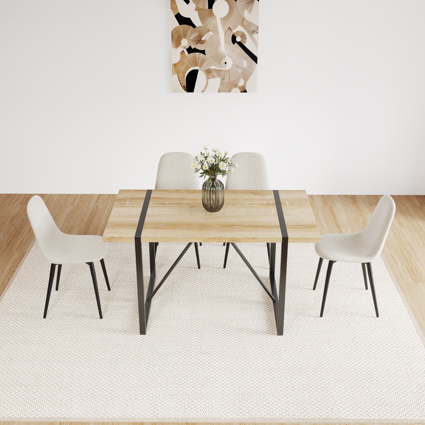 55" MDF Wood Colour Dining Table and Modern Dining Chair Set of 4, Mid Century Wooden Kitchen Table Set, Metal Base & Legs, Dining Room Table and Linen Chairs image 2