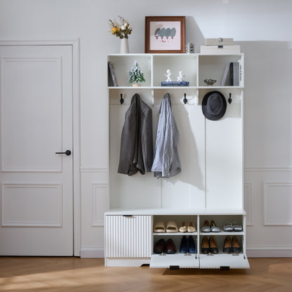 49.6 " 5-in-1 Hall Tree with Bench, Shoe Storage & 3 Open Storage Cabinets, Farmhouse Hall Tree with High Gloss Fluted Doors for Hallway Living Room image 1