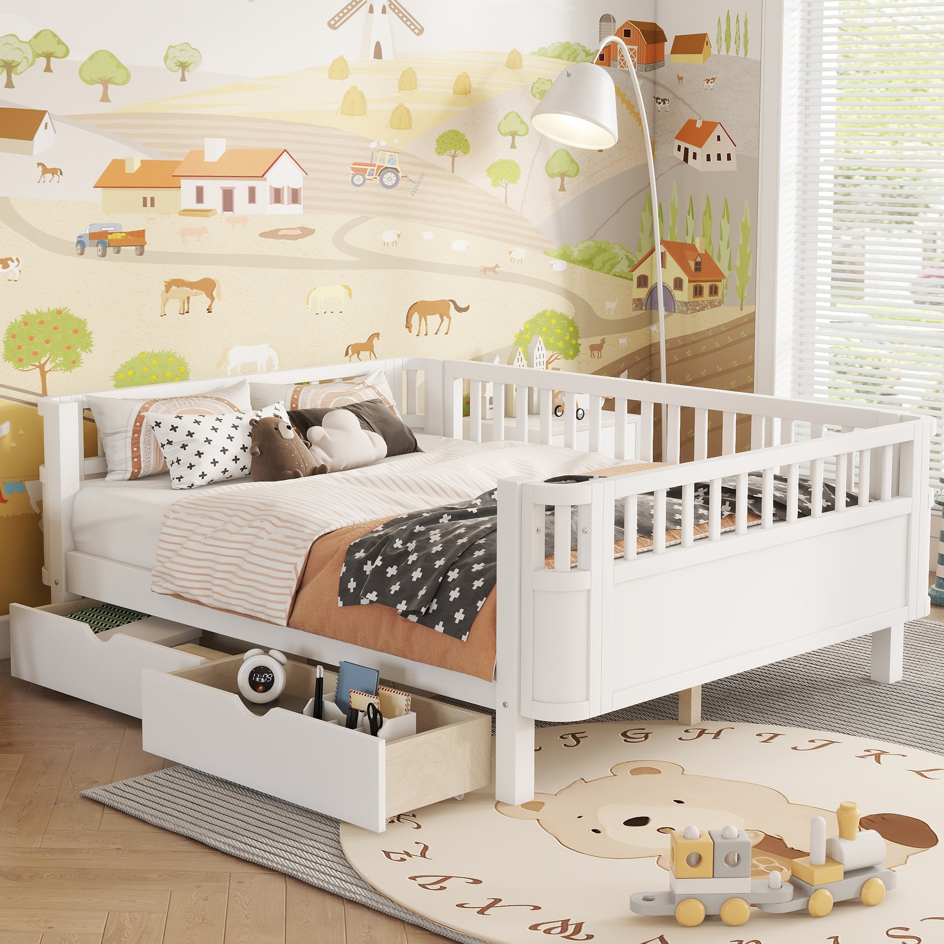 Full Size Wood Platform Bed for Kids, Wood Low Profile Full Bed with Rails for Girls and Boys, White (Old SKU W2593P331684) image 1
