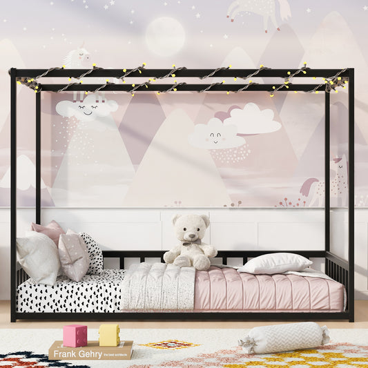 Twin size sunshade floor bed, iron double-size bed frame, modern low-profile double-size bed, equipped with fence-style guardrails, black series image 1