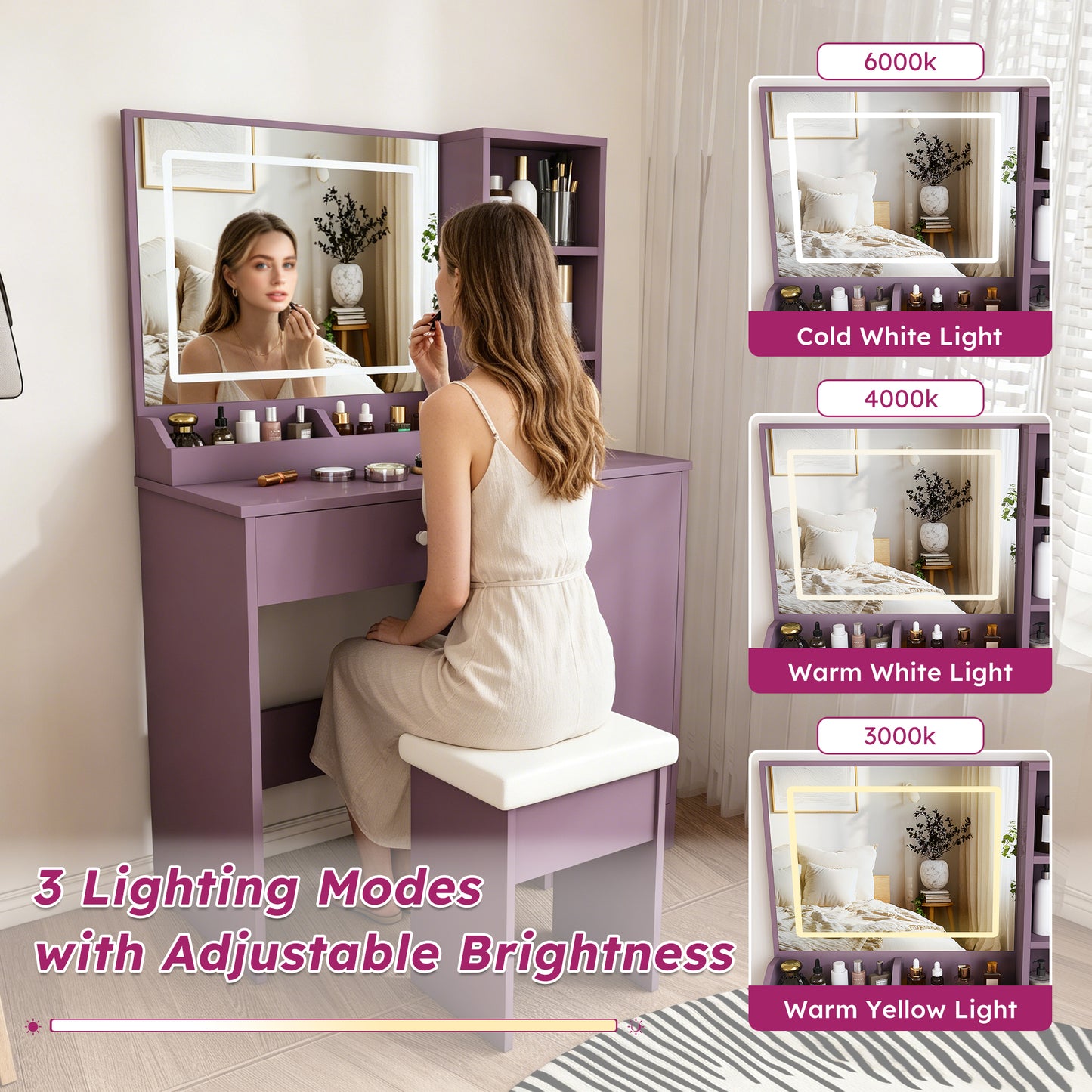 Stylish Vanity Desk Set with Padded Stool & Adjustable LED Lighted Mirror (3 Color Modes), Modern Bedroom Makeup Vanity Desk Combo, Purple image 7