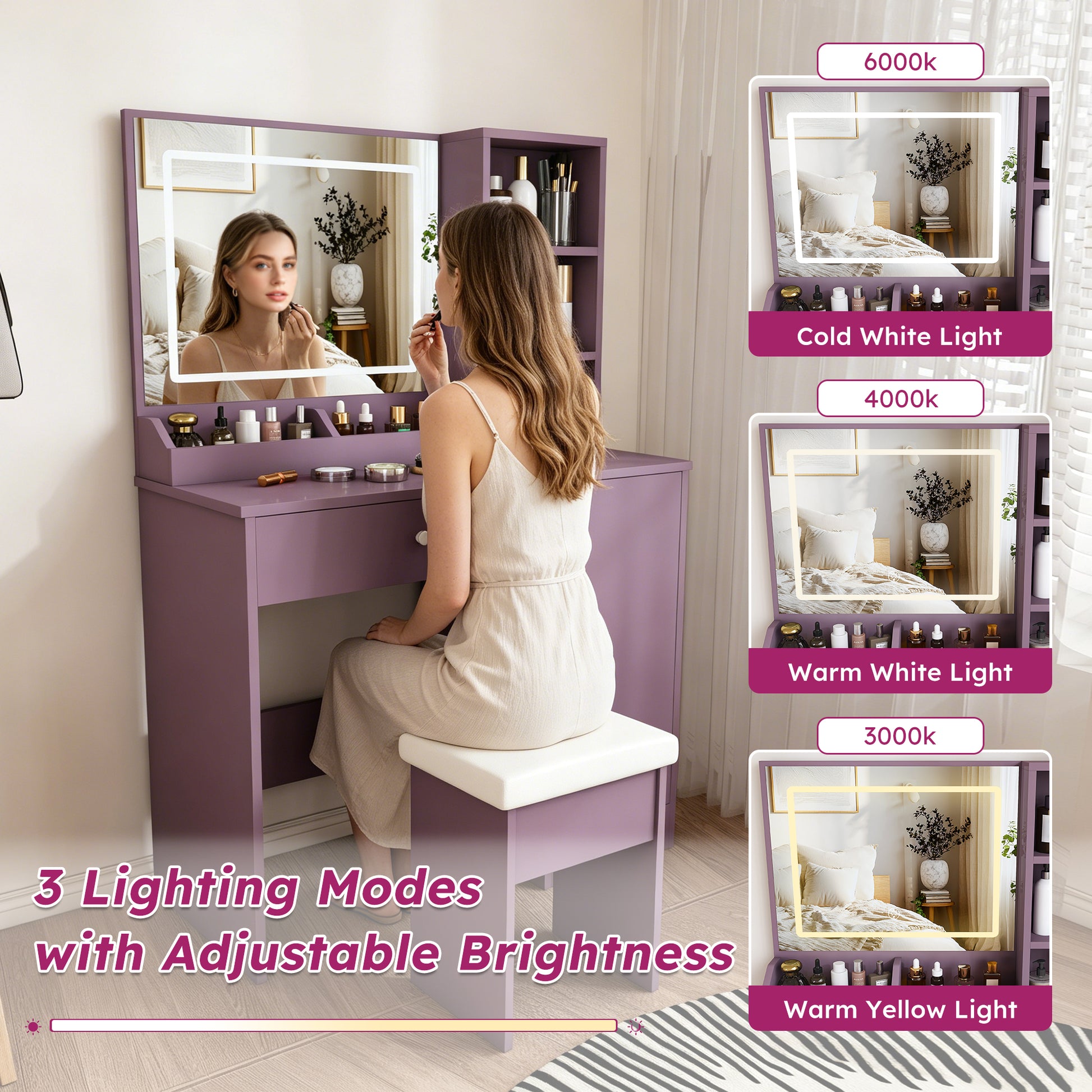 Stylish Vanity Desk Set with Padded Stool & Adjustable LED Lighted Mirror (3 Color Modes), Modern Bedroom Makeup Vanity Desk Combo, Purple image 7