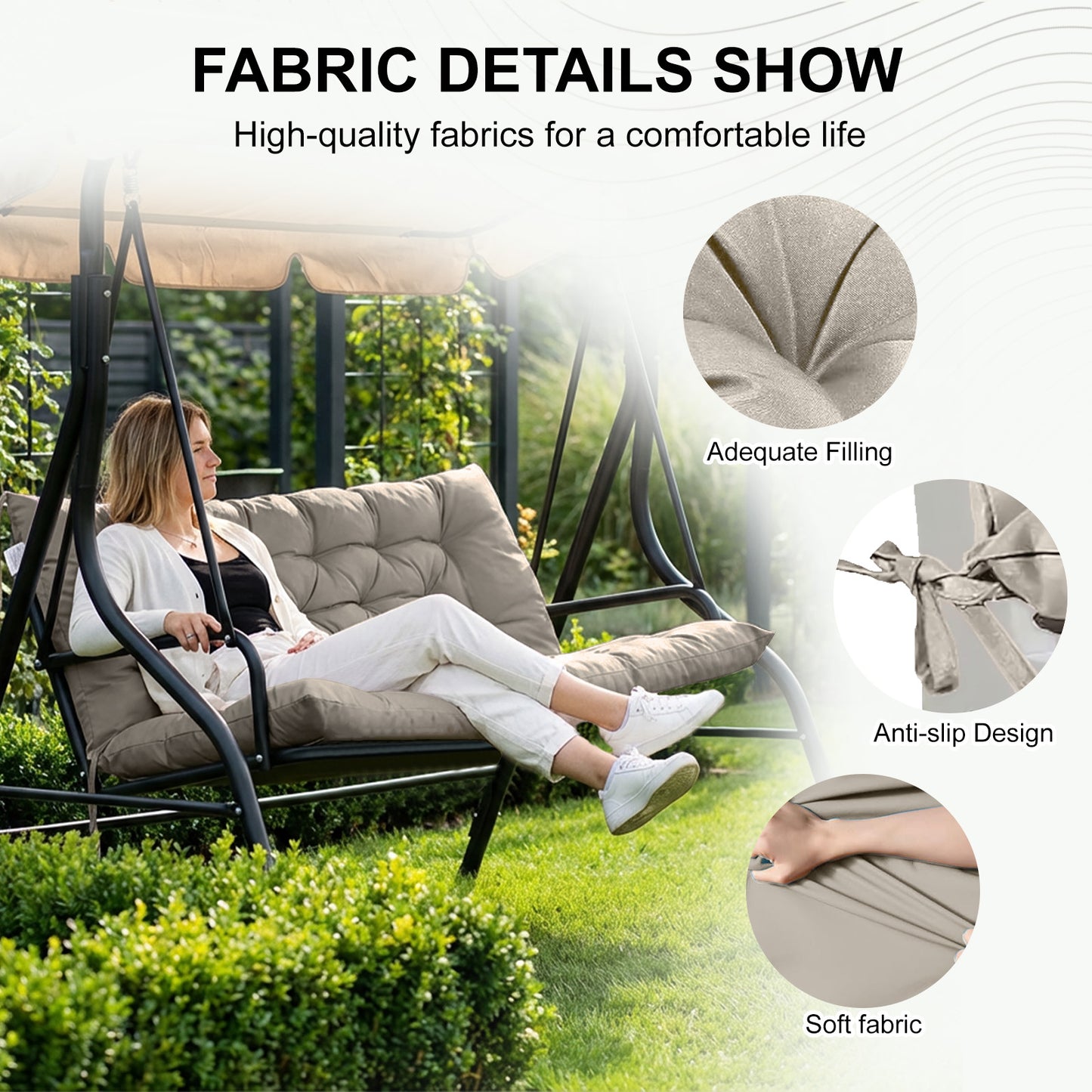 3 Seater Outdoor Porch Swing Cushion with Backrest,4 Inch Extra Thick Waterproof Swing Replacement Cushion, 2-3 Seat Thicken Patio Bench Cushion for Garden Backyard Outdoor Furniture (khaki) image 3