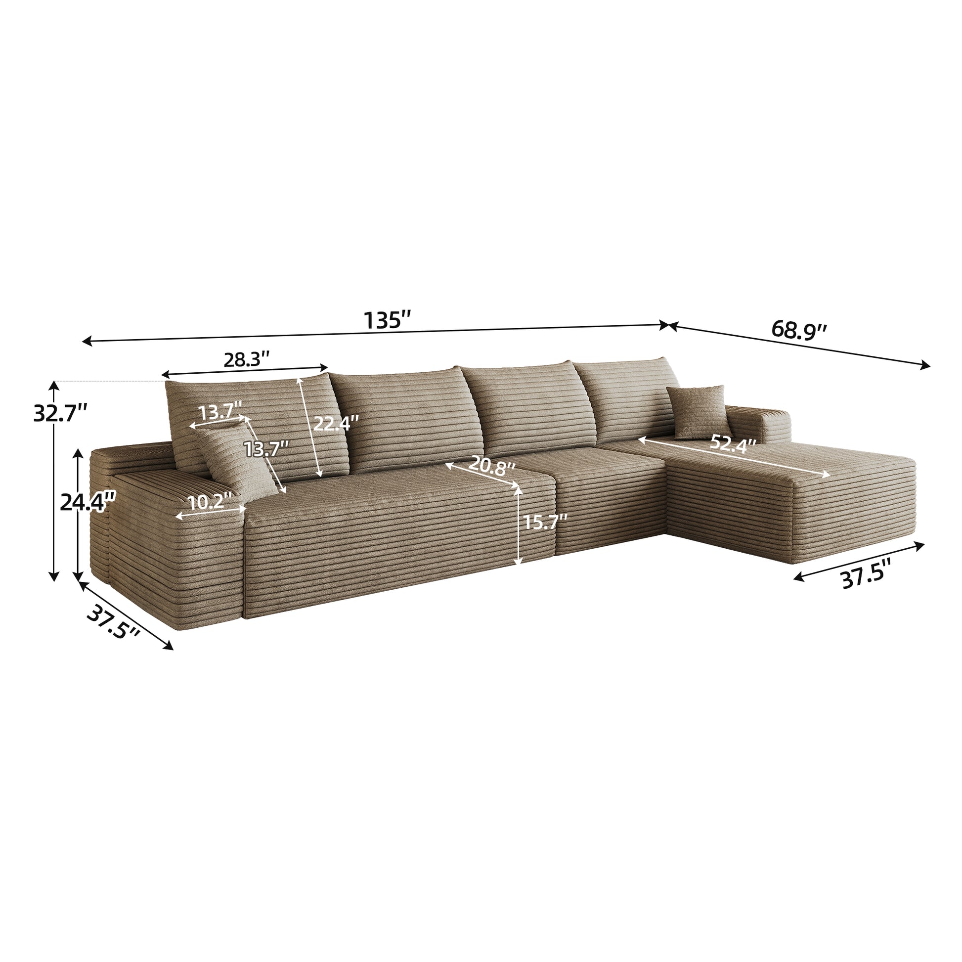 134" Cloud Sectional Couch with L-Shape Chaise,Modern Modular Sofa with Deep Seat, Upholstered Couches for Living Room Bedroom,No Assembly Required,Camel (Plush Corduroy Fabric) image 5
