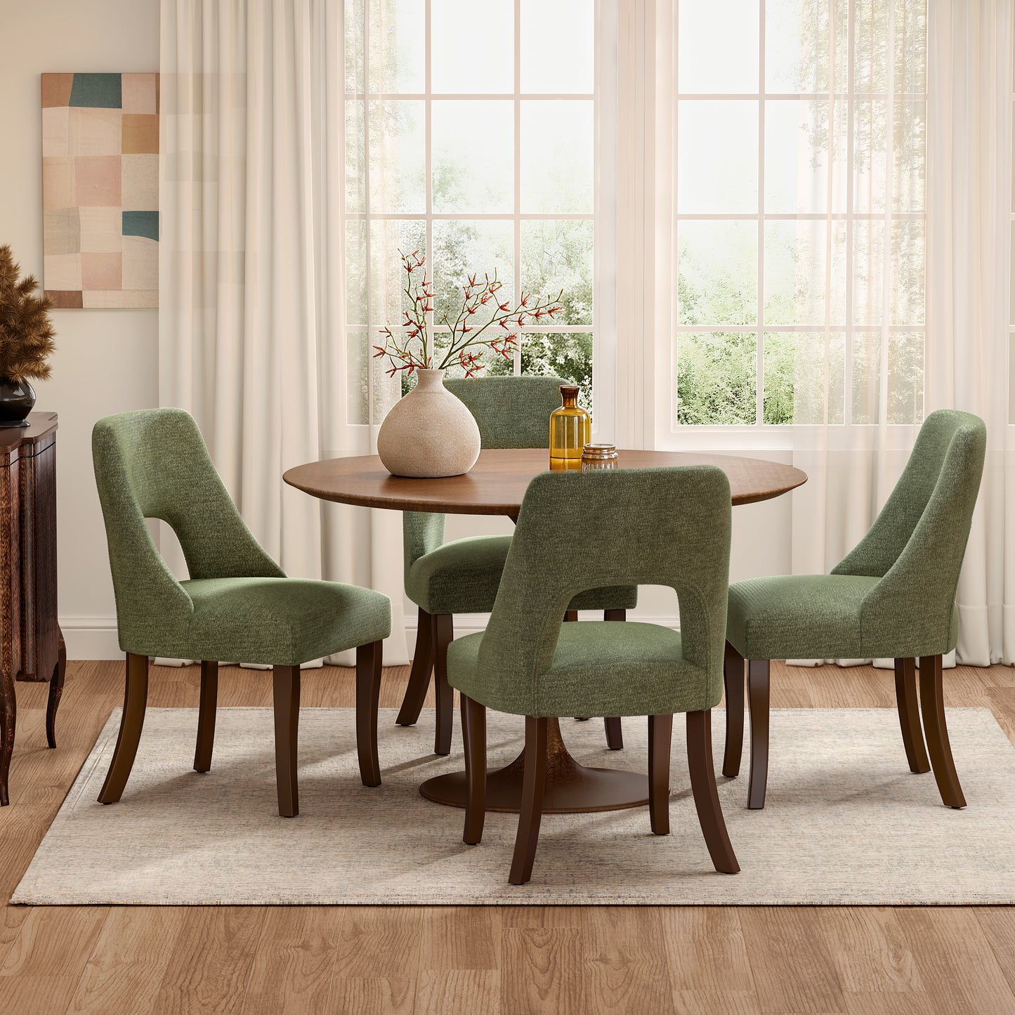 Dining Chair Set of 2,Upholstered Chenille Fabric Dining Chair Curved Solid Wood Legs, Elegant Tufted Club Dining Room Kitchen Room Dining Chair,Green image 2