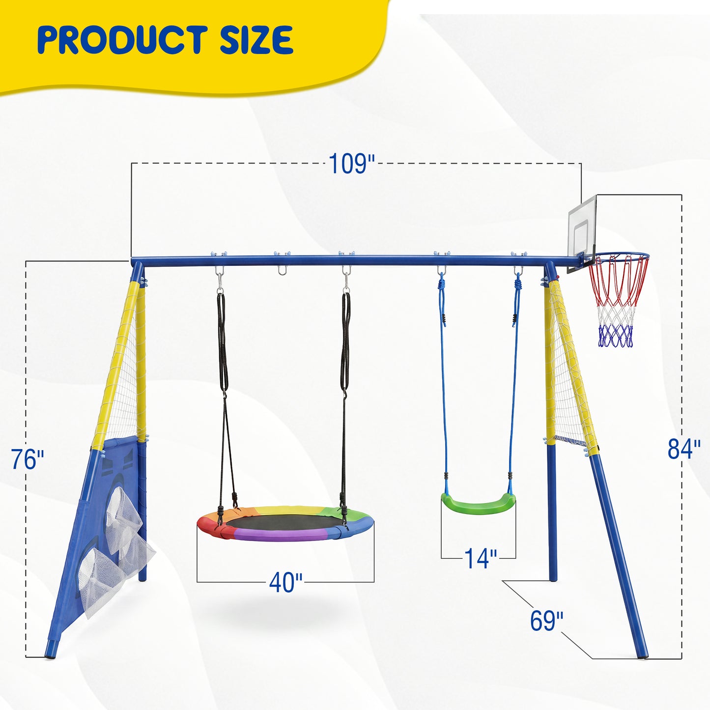5-in-1 Kids Swing Set with Saucer Swing, Belt Swing, Basketball Hoop & Soccer Goal, Heavy Duty Metal Frame Backyard Playground for Toddlers & Kids Ages 3-10 image 8
