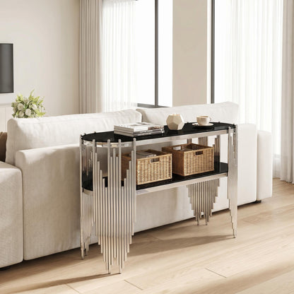 Luxury Silver Console Table with 2-Tier Black Tempered Glass Shelves, Modern Oval Entryway Table for Hallway & Living Room, Polished Stainless Steel Frame, 47" x 15.7" x 31.5" image 8
