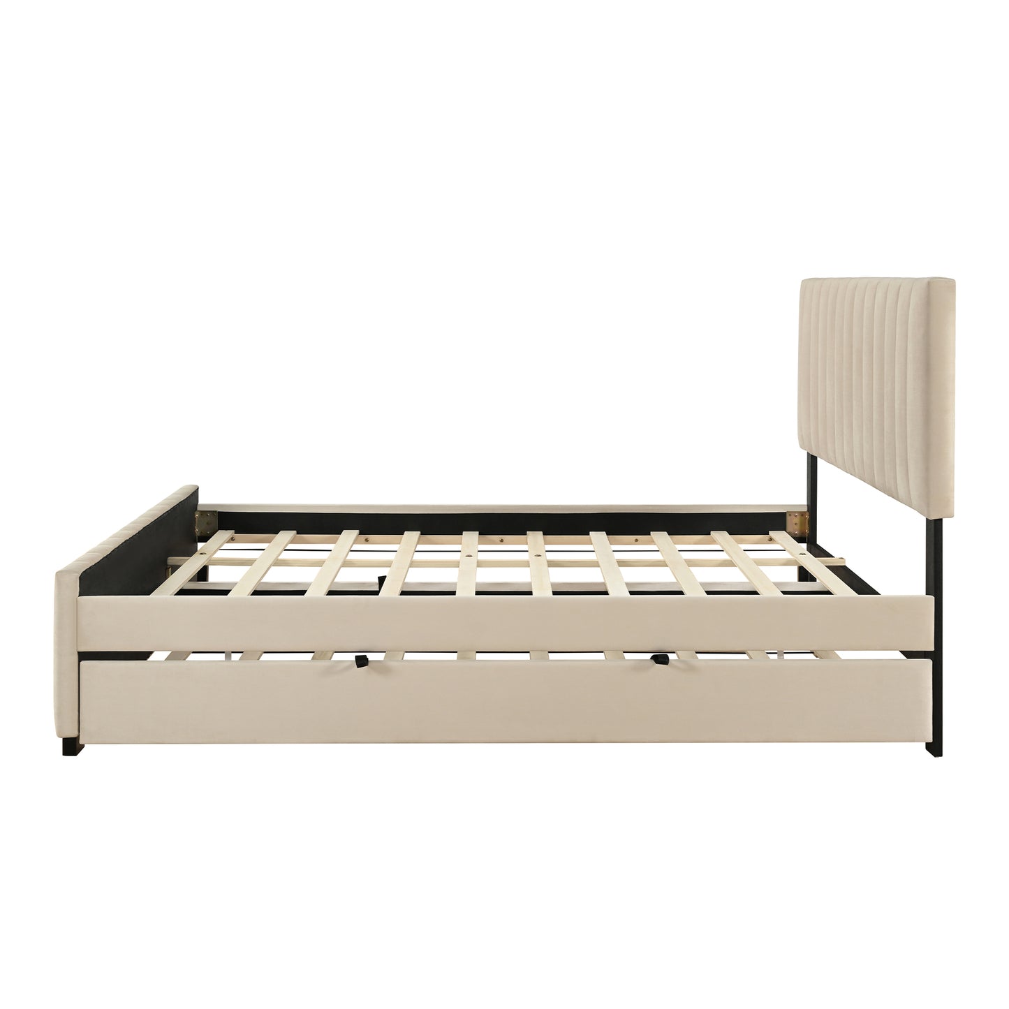 Queen Size Velvet Upholstered Platform Bed with Twin XL Size Trundle, Beige image 5