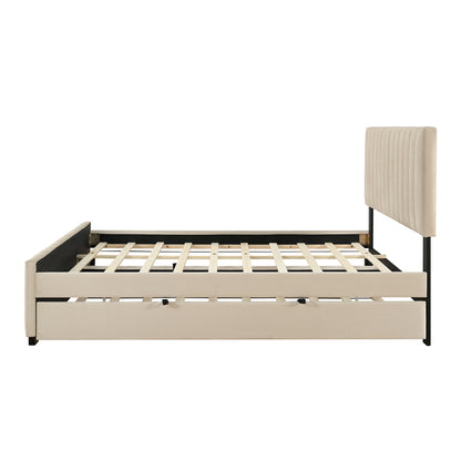 Queen Size Velvet Upholstered Platform Bed with Twin XL Size Trundle, Beige image 5
