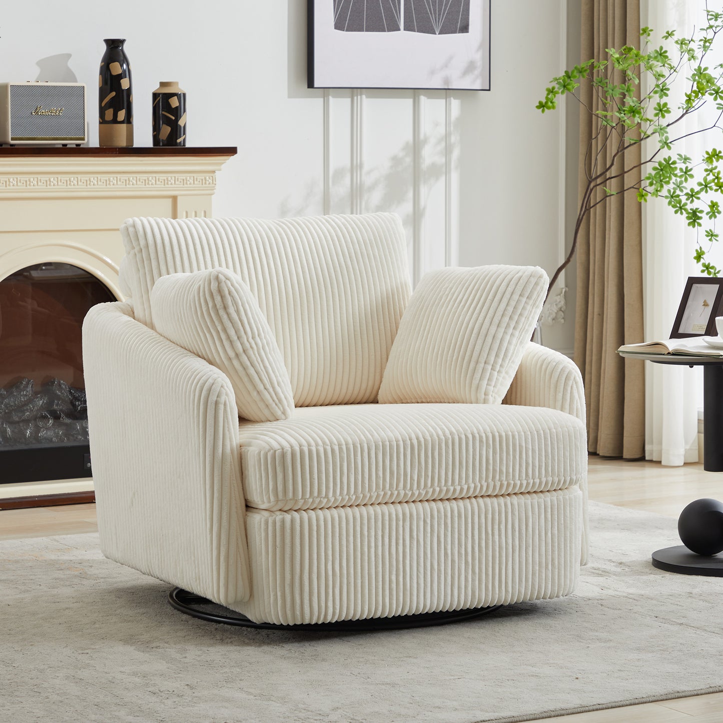 40.55''W Swivel Accent Chair With 2 Thorw Pillows 360 Degree Swivel Round Sofa Modern Oversized Arm Chair Cozy Club Chair for Bedroom Living Room Lounge Hotel, Ivory Corduroy image 3