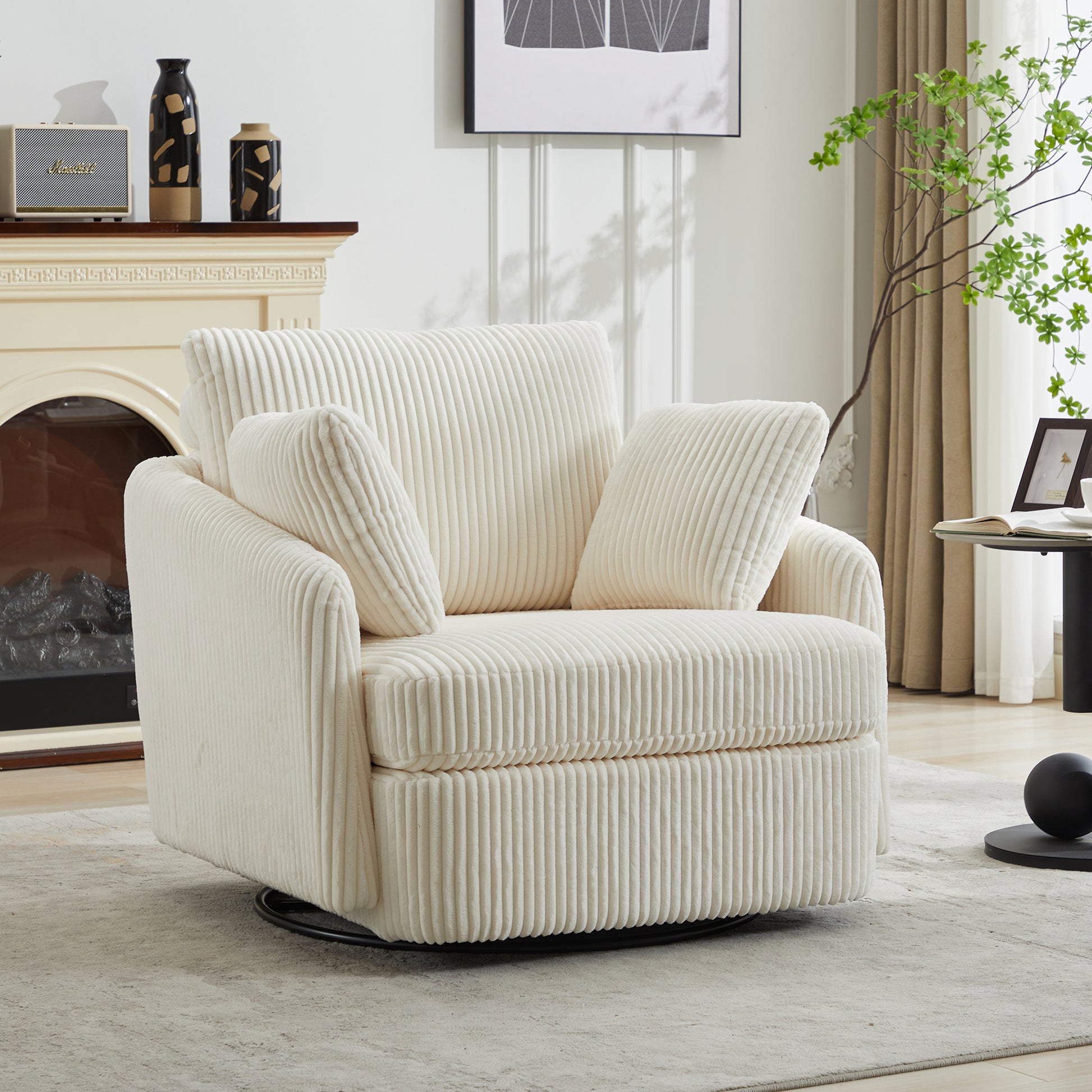 40.55''W Swivel Accent Chair With 2 Thorw Pillows 360 Degree Swivel Round Sofa Modern Oversized Arm Chair Cozy Club Chair for Bedroom Living Room Lounge Hotel, Ivory Corduroy image 3