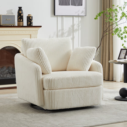 40.55''W Swivel Accent Chair With 2 Thorw Pillows 360 Degree Swivel Round Sofa Modern Oversized Arm Chair Cozy Club Chair for Bedroom Living Room Lounge Hotel, Ivory Corduroy image 3