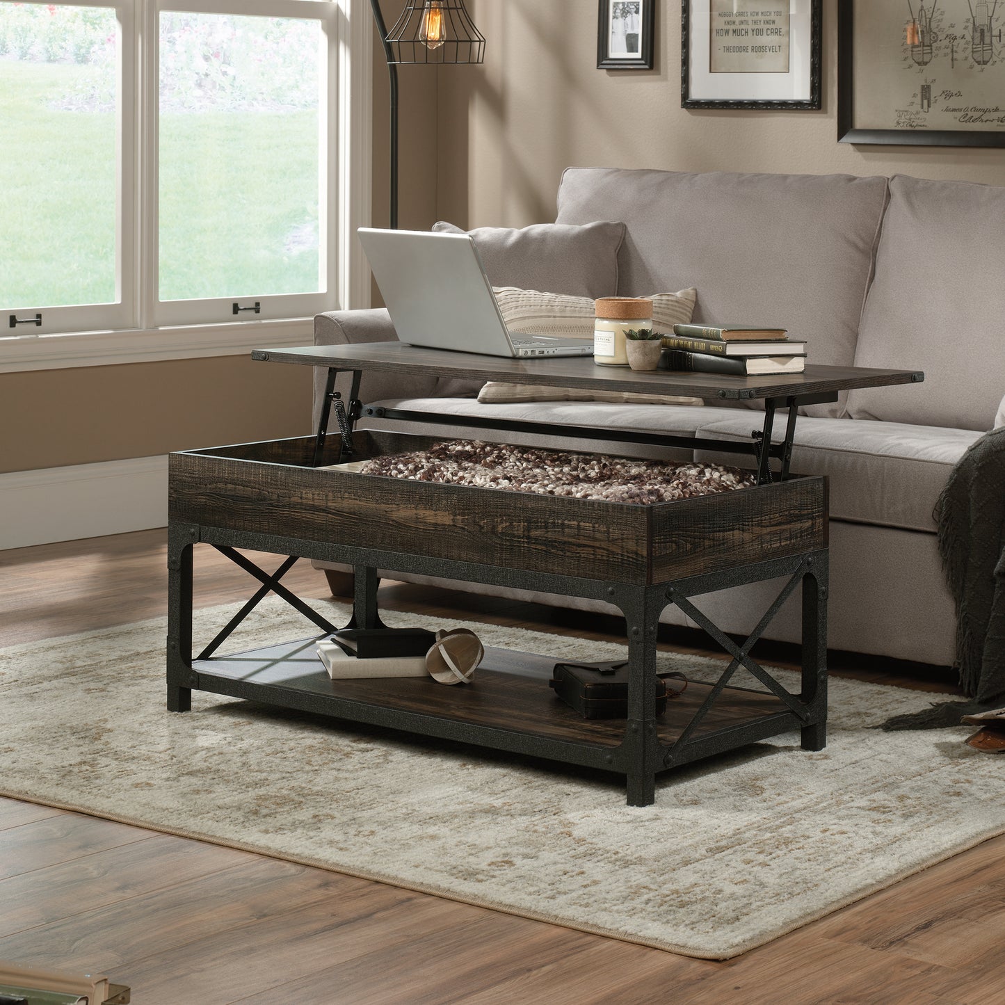 Lift-Top Coffee Table with Industrial Style, Brown finish image 3