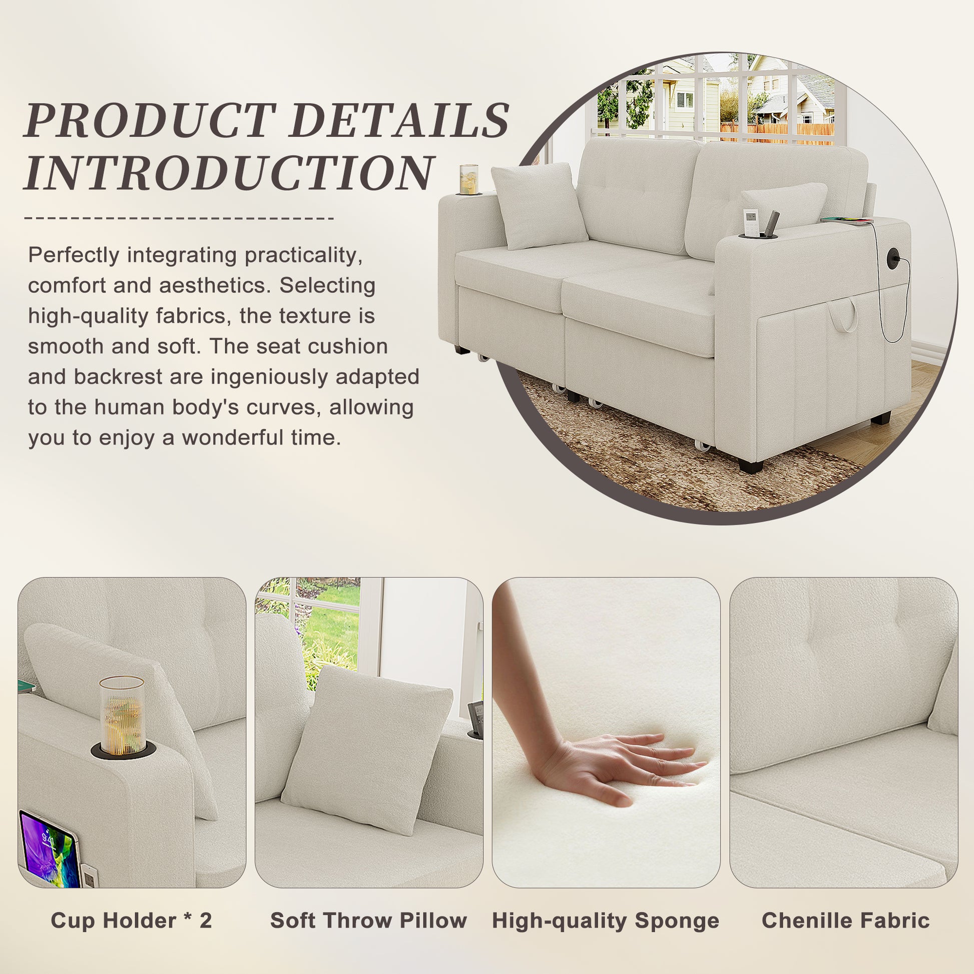Sofas for Living Room, Couch Set,3 Seats Sofa, USB Charging,Wood Frame,Easy to Install,with Storage, Charging Station,Cup Holder,Modern Sectional Sofas for Living Room, Apartment,Chenille Fabric image 3