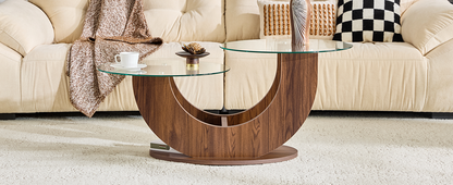 Creative U-Shaped Double-Tier Glass Coffee Table with Walnut MDF Base - walnut finish close-up