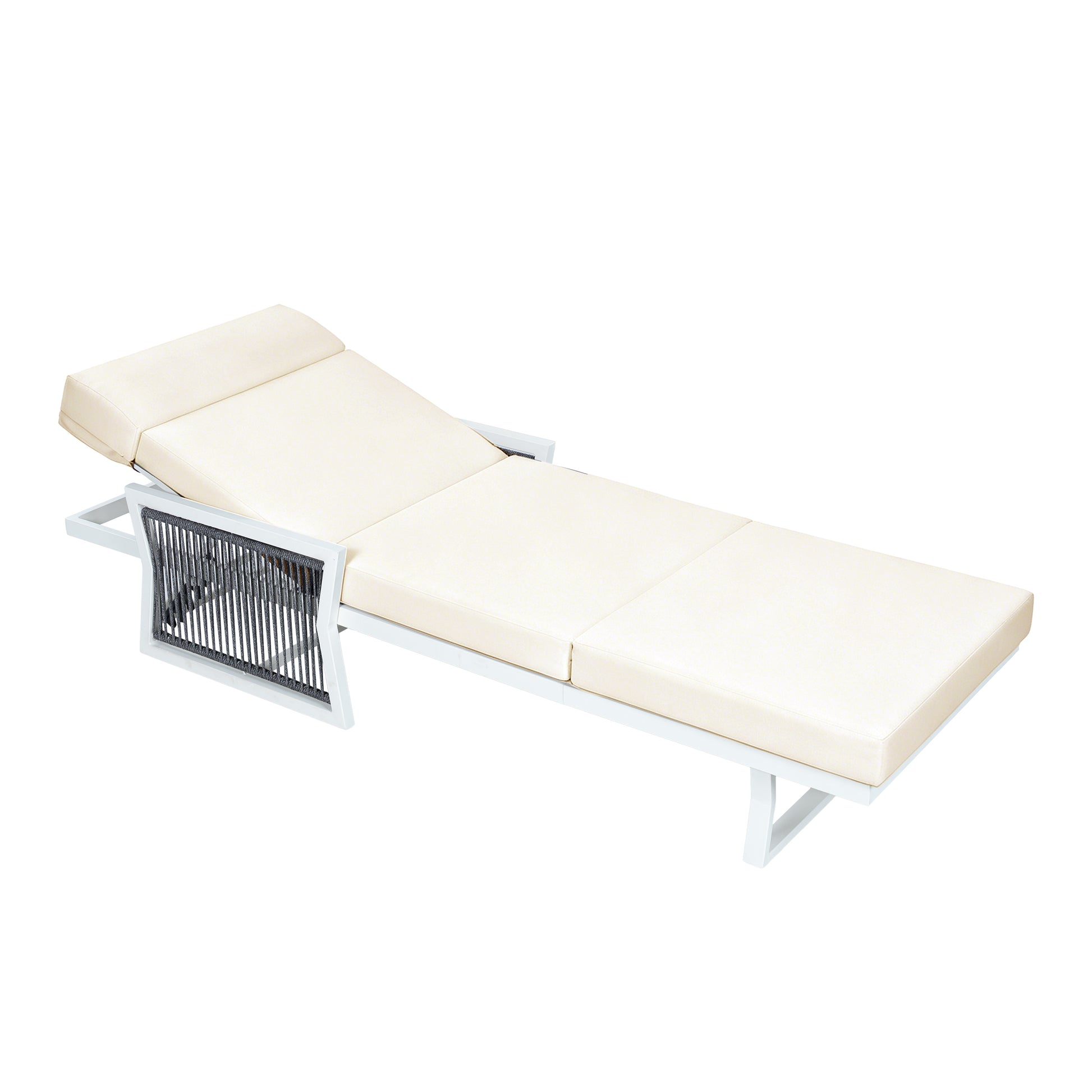White Iron Outdoor Chaise Lounge with Black Rope Armrests, 4" Thick 4-Fold Beige Water Resistant Cushion with Built-In Headrest, 5-Position Adjustable, 400 LBS Capacity for Patio Pool Backyard image 10