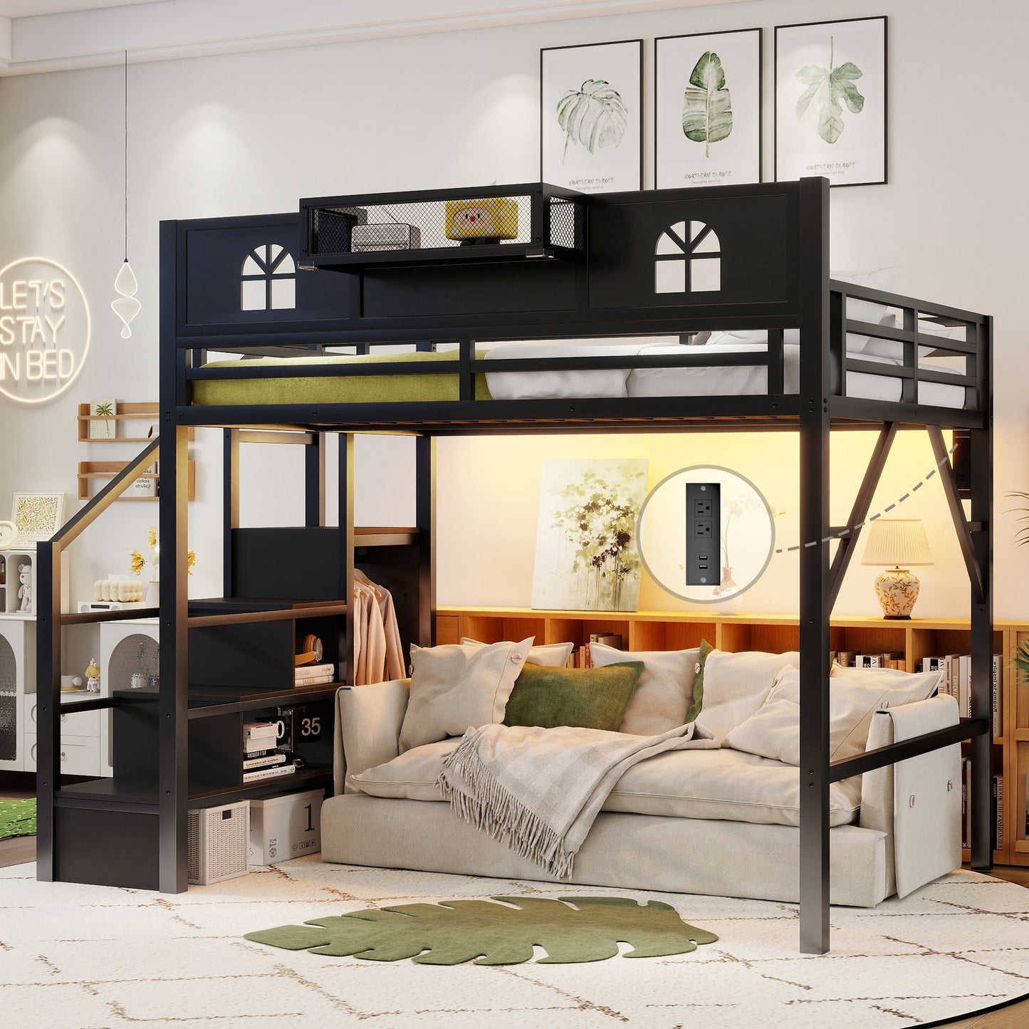 Full Size Loft Bed with Stairs, Metal Full Loft Bed with High and House Shaped Guardrails, High Loft Bed with Wardrobe for Kids Teens, black(Expect Arrival Date2026/3/17) image 3