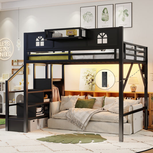Full Size Loft Bed with Stairs, Metal Full Loft Bed with High and House Shaped Guardrails, High Loft Bed with Wardrobe for Kids Teens, black(Old SKUW2593S00055) image 1