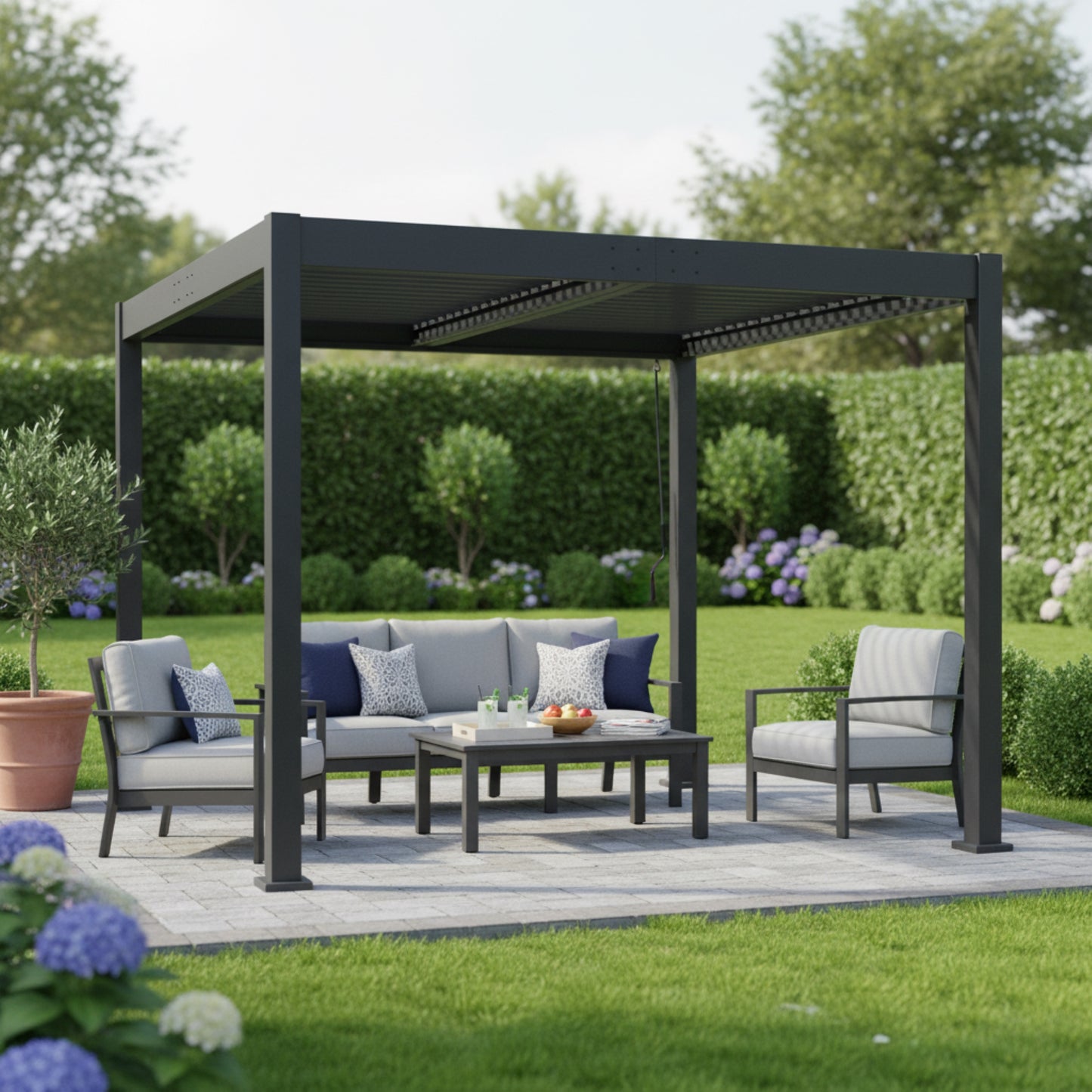Byron Black Outdoor Pergola Aluminum with Adjustable Louvered Roof image 1