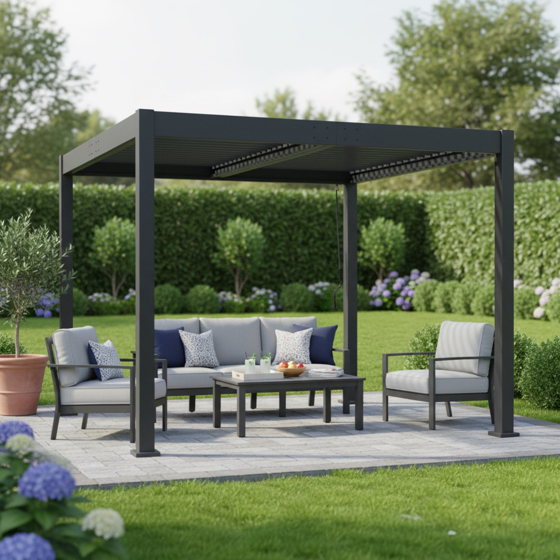 Byron Black Outdoor Pergola Aluminum with Adjustable Louvered Roof image 1