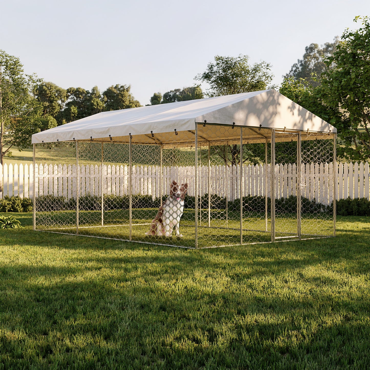 15x10 FT Large Outdoor Dog Kennel with Canopy, Heavy Duty Galvanized Steel Frame, Waterproof Cover, All-Weather Protection, Escape-Proof Lockable Pet Playpen for Large Dogs, Multiple Animals. image 1