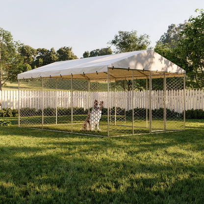 15x10 FT Large Outdoor Dog Kennel with Canopy, Heavy Duty Galvanized Steel Frame, Waterproof Cover, All-Weather Protection, Escape-Proof Lockable Pet Playpen for Large Dogs, Multiple Animals. image 1