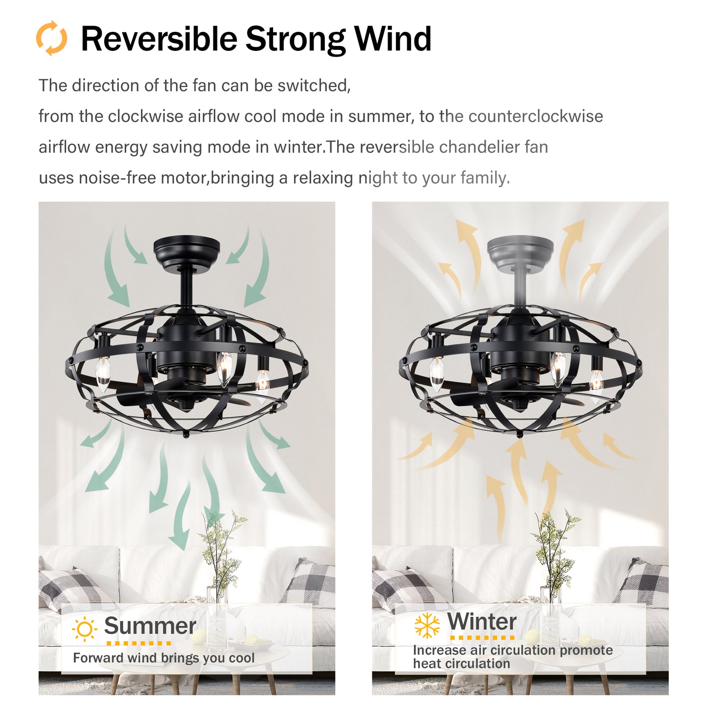 20.63 INCH Caged Ceiling Fan with Lights For Farmhouse, Bedroom Living Room bedroom--NOT Included Bulbs--Matte Black image 11