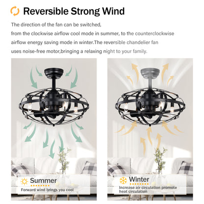 20.63 INCH Caged Ceiling Fan with Lights For Farmhouse, Bedroom Living Room bedroom--NOT Included Bulbs--Matte Black image 11