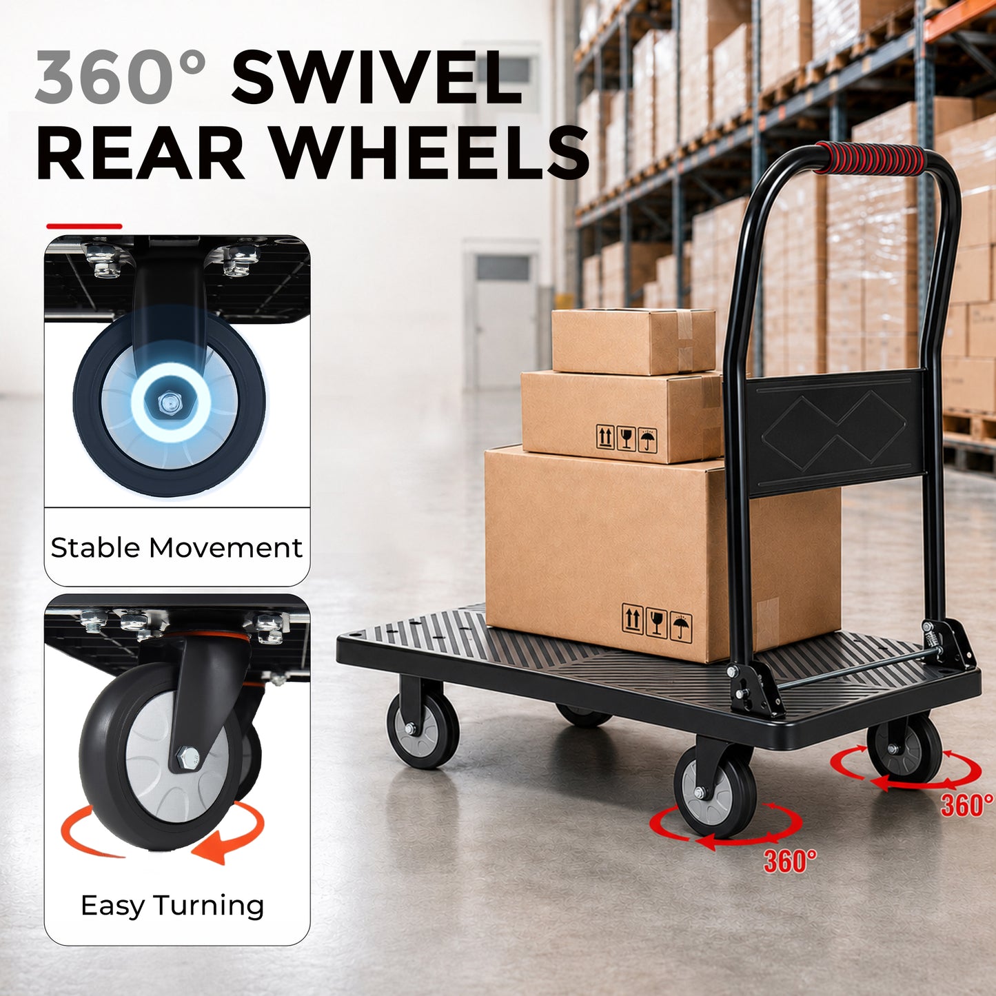 35-3/4" Long x 24" Wide Platform Truck, Foldable Handcart with 5'' TPR 360-Degree Silent Wheels, 660lbs Heavy-Duty Push Dolly Cart, 4 Steel Load-Bearing Beams for Warehouse Garage Home Use image 4