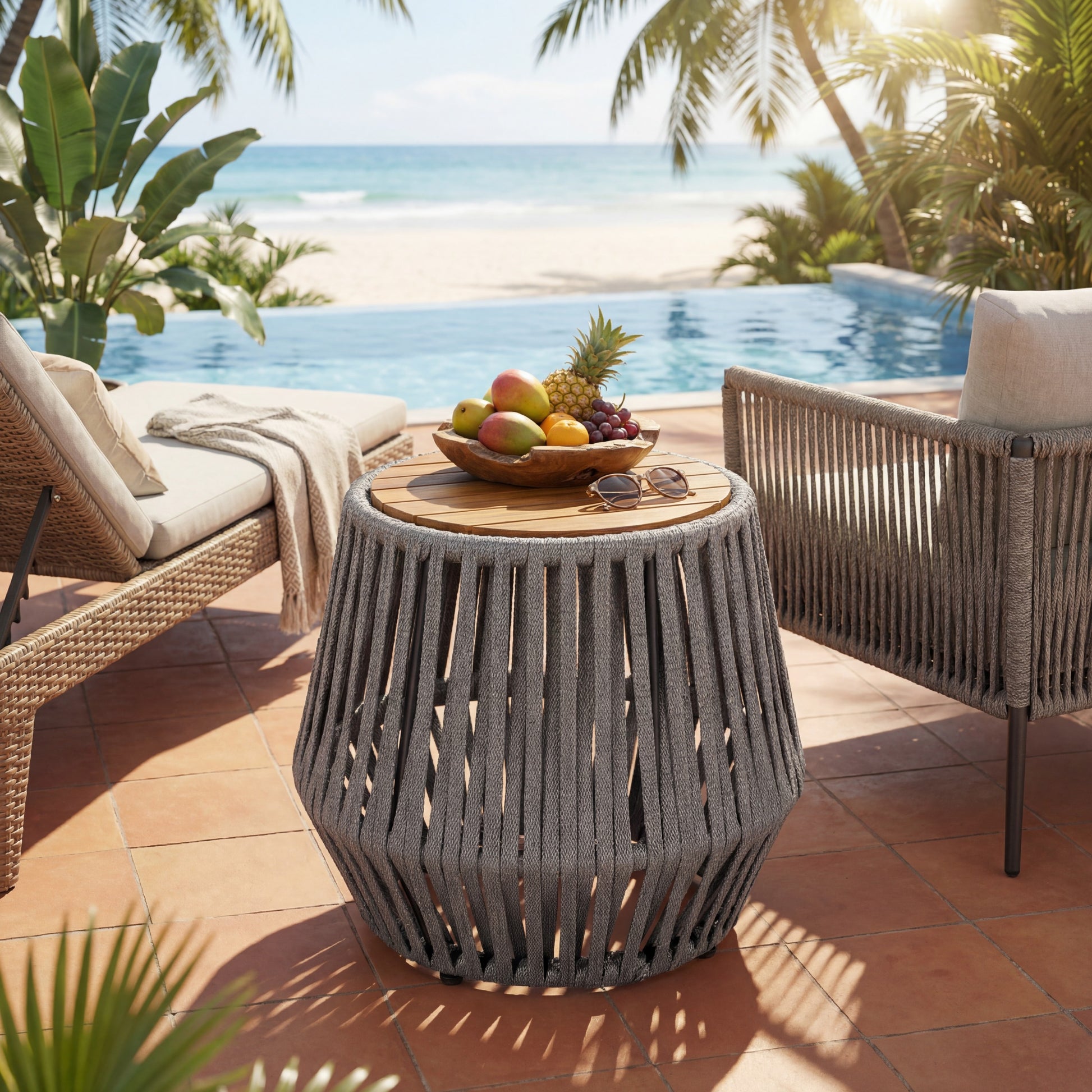 Outdoor Side Table with Rope and Acacia Wood - Teak Finish, 100 LBS Capacity, Weather-Resistant, Grey Rope Design image 3