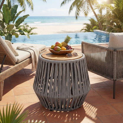 Outdoor Side Table with Rope and Acacia Wood - Teak Finish, 100 LBS Capacity, Weather-Resistant, Grey Rope Design image 3
