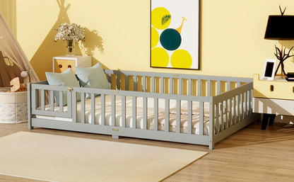 Full Size Floor Bed with Fence and Door,Rubber Wood Floor Bed with Safety Guardrails,Grey image 10