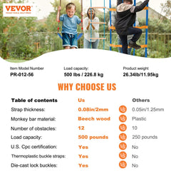 VEVOR Ninja Warrior Obstacle Course for Kids, 2 x 56 ft Weatherproof Slacklines, 500lbs Weight Capacity Monkey Line, Outdoor Playset Equipment, Backyard Toys Training Equipment Set with 12 Obstacles